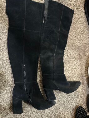 Topshop Black Suede Over-the-Knee Block Heel Boots